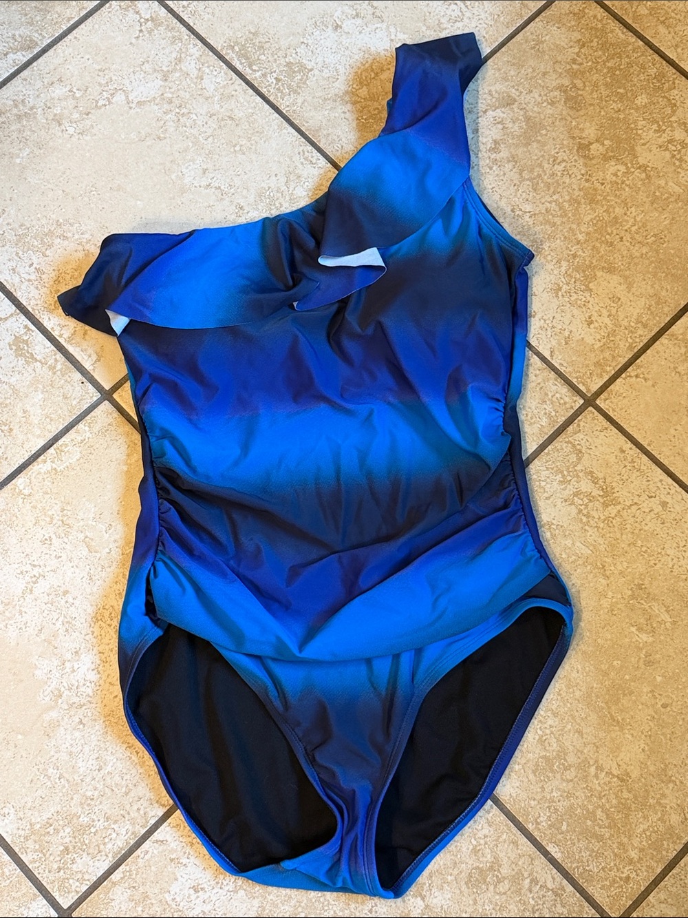 One-Piece Swimsuit in Blue - Ruffle Shoulder